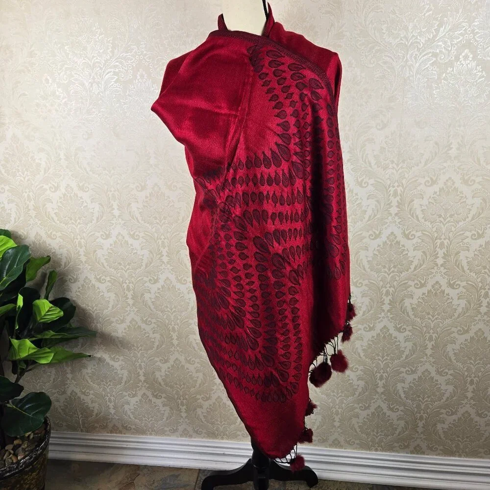 Red and Black Patterned Pashmina Real Fur PomPom Accents at Ends Cozy Warm